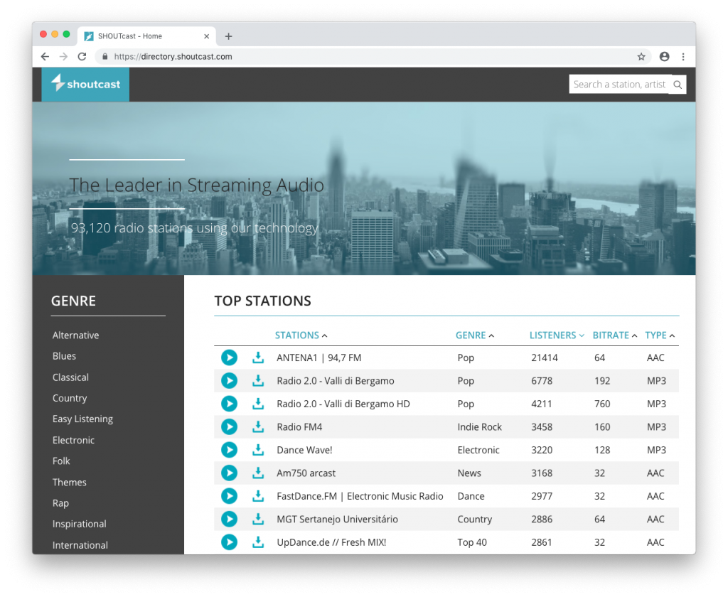 Shoutcast directory listings for example purposes